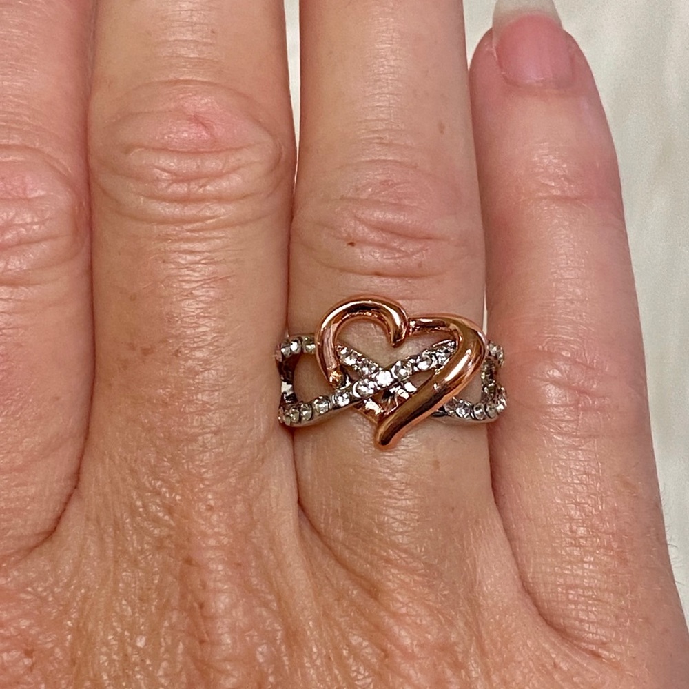 Rose Gold & Silver Simulated Diamond Heart Ring - Picture 11 of 12